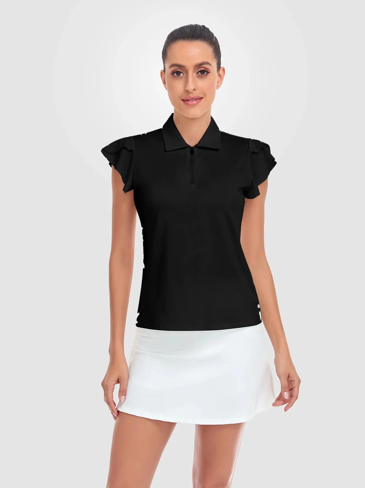 Solid Color Quarter-zip Ruffled Short-sleeve Polo Shirt for Women