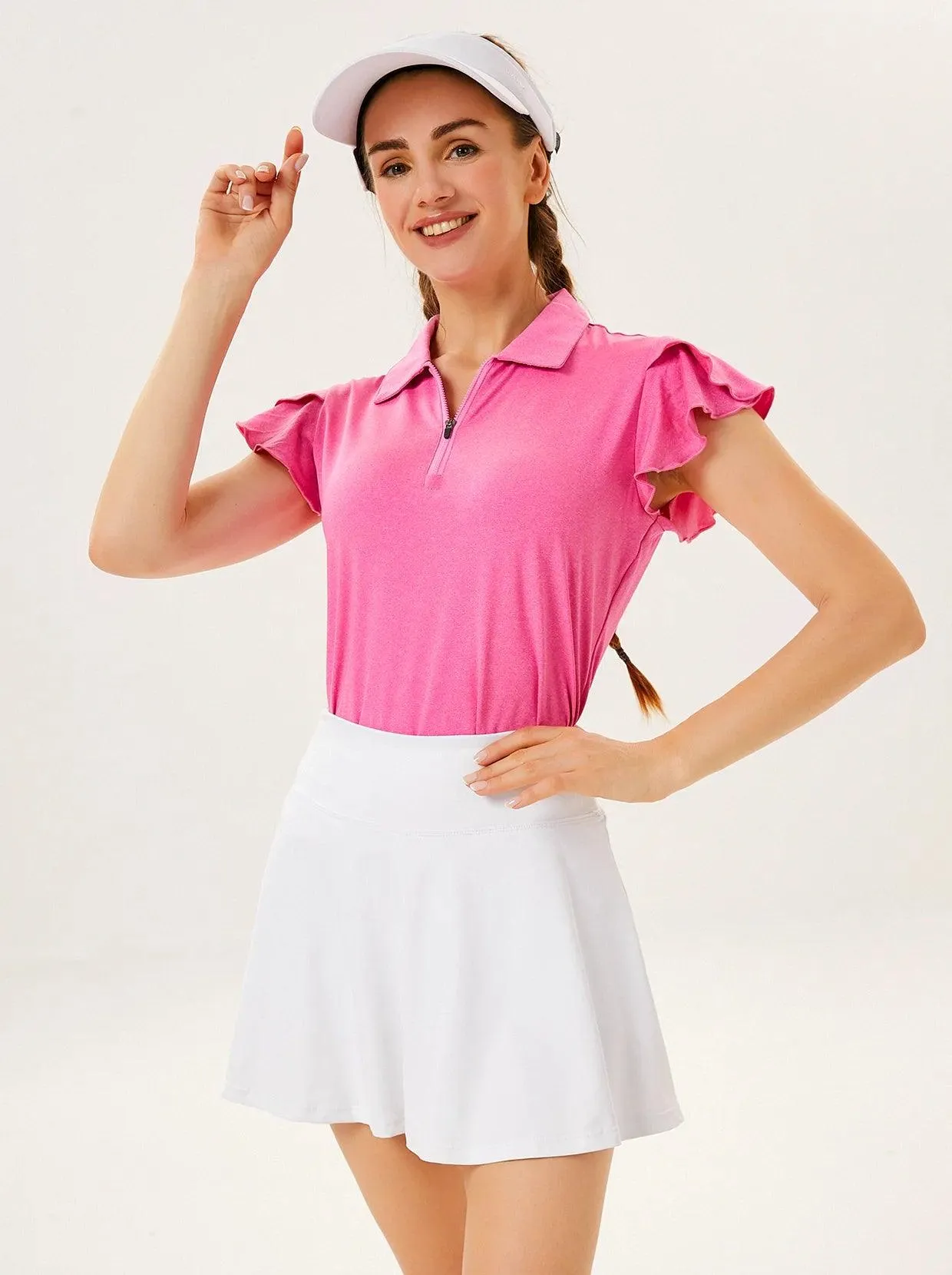 Solid Color Quarter-zip Ruffled Short-sleeve Polo Shirt for Women