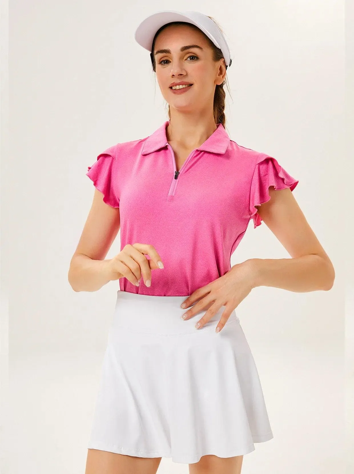 Solid Color Quarter-zip Ruffled Short-sleeve Polo Shirt for Women