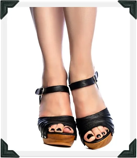 Souvenir Wooden Ankle Strap Heel in Black by Lucky Lou Shoes