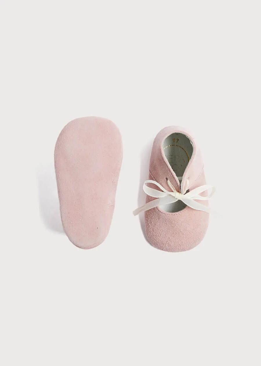 Suede Organza Fastening Pram Shoes in Dusty Pink (17-20EU)