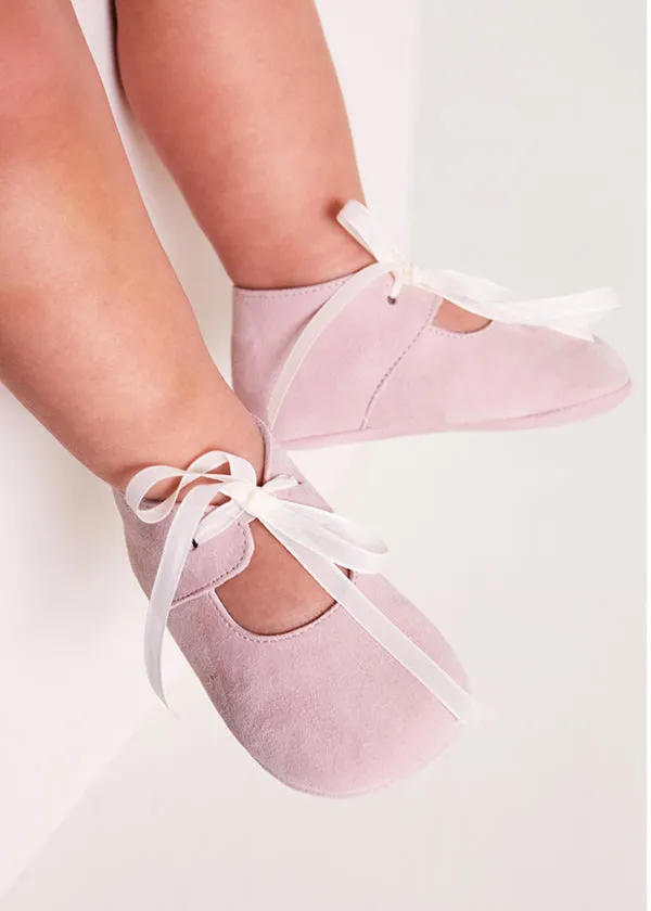 Suede Organza Fastening Pram Shoes in Dusty Pink (17-20EU)