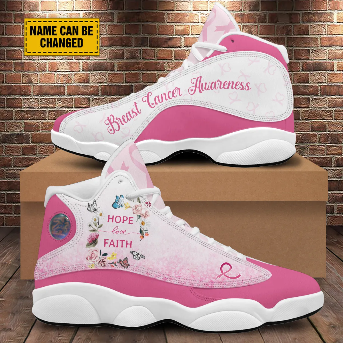 Teesdily | Customized Breast Cancer Warrior Basketball Shoes, Faith Hope Love Butterfly Shoes, Pink Ribbon Shoes For Women, Cancer Support Gifts