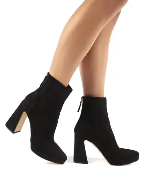 Tegan Black Faux Suede Flare Heeled Ankle Boots