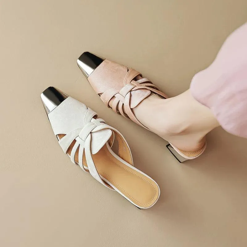 TSS53 Women's Casual Shoes - Square Toe Mules - Leather Sandals