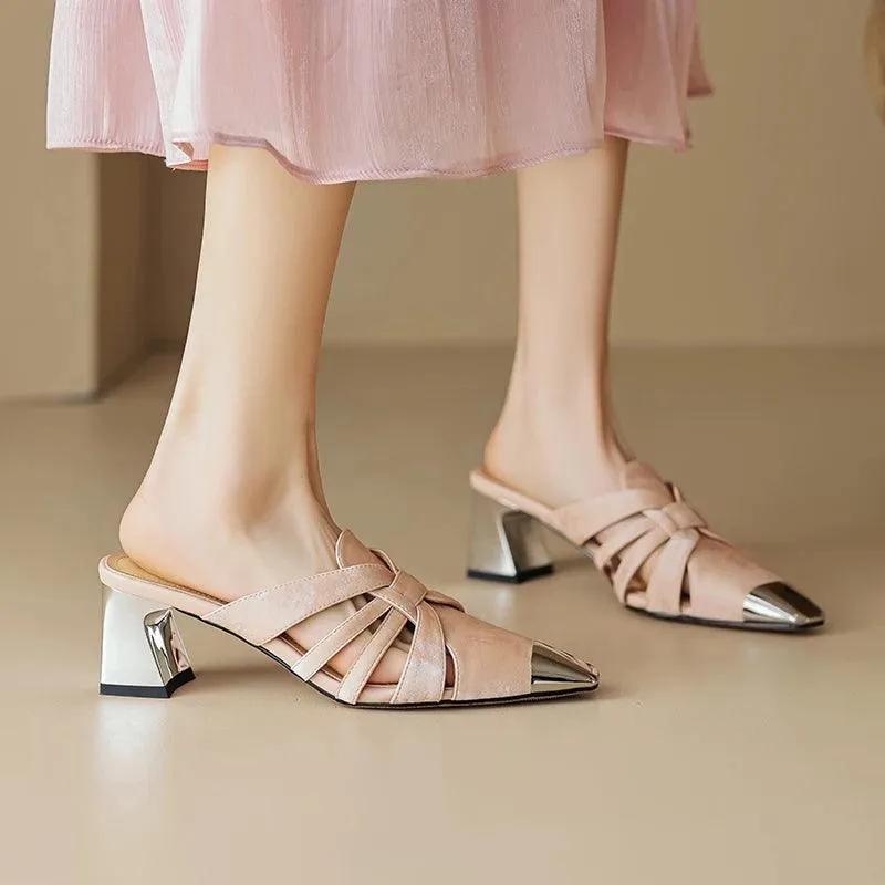 TSS53 Women's Casual Shoes - Square Toe Mules - Leather Sandals