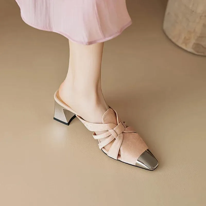 TSS53 Women's Casual Shoes - Square Toe Mules - Leather Sandals