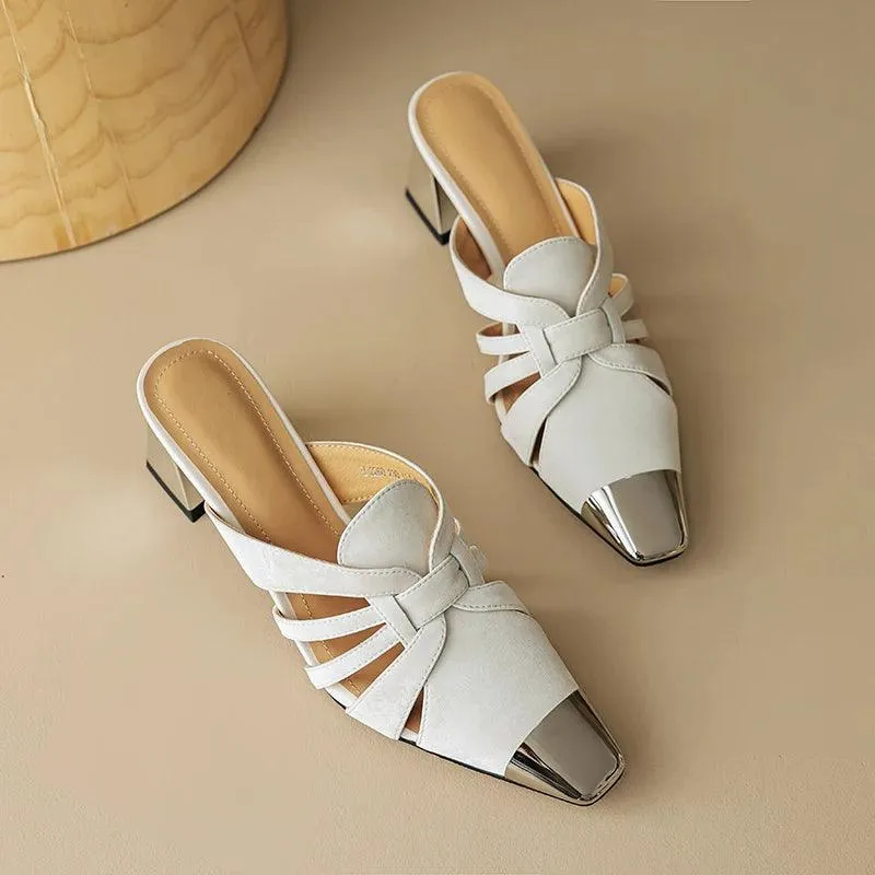 TSS53 Women's Casual Shoes - Square Toe Mules - Leather Sandals