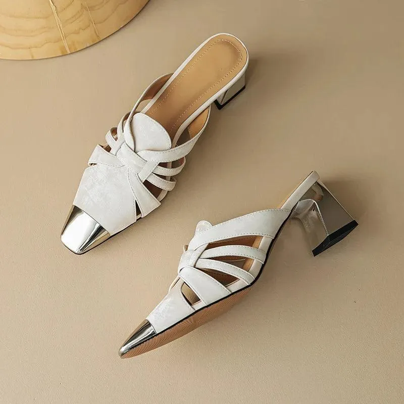 TSS53 Women's Casual Shoes - Square Toe Mules - Leather Sandals