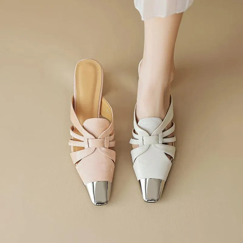 TSS53 Women's Casual Shoes - Square Toe Mules - Leather Sandals