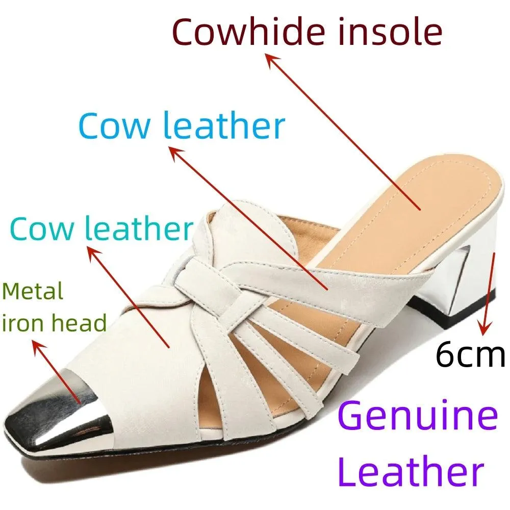 TSS53 Women's Casual Shoes - Square Toe Mules - Leather Sandals