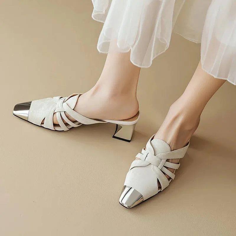 TSS53 Women's Casual Shoes - Square Toe Mules - Leather Sandals