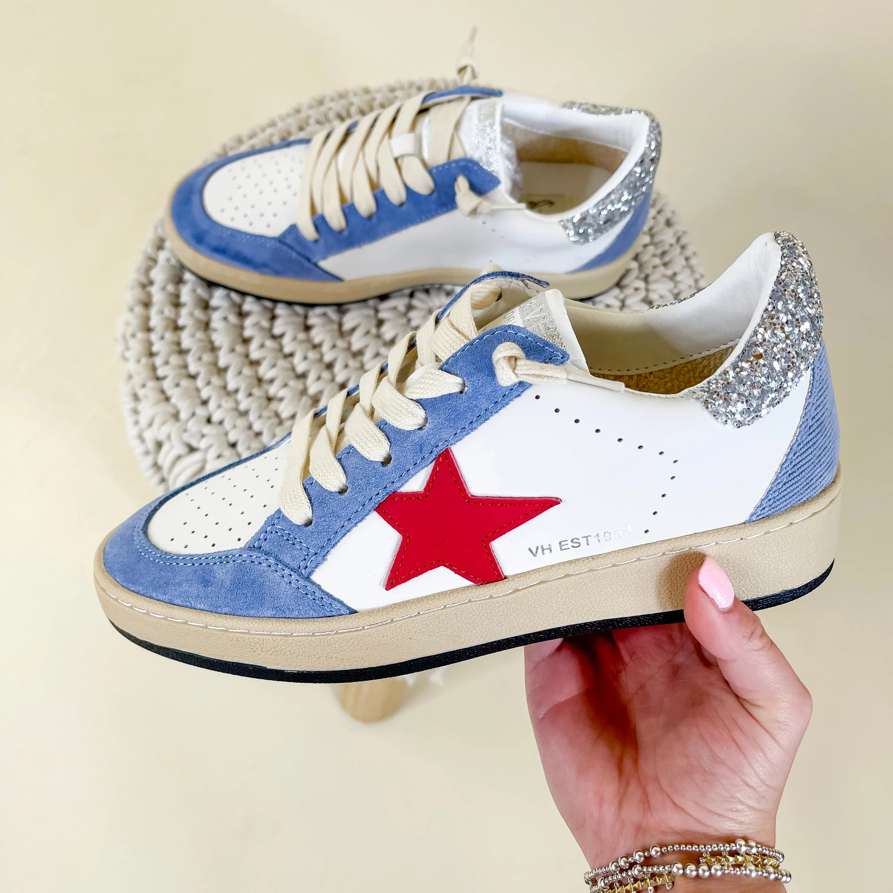 Vintage Havana | Denisse 25 Sneakers in Blue, Red, and Silver Glitter