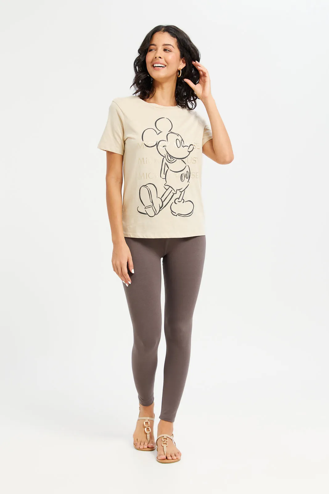 Women Beige Mickey Mouse Printed T-Shirt