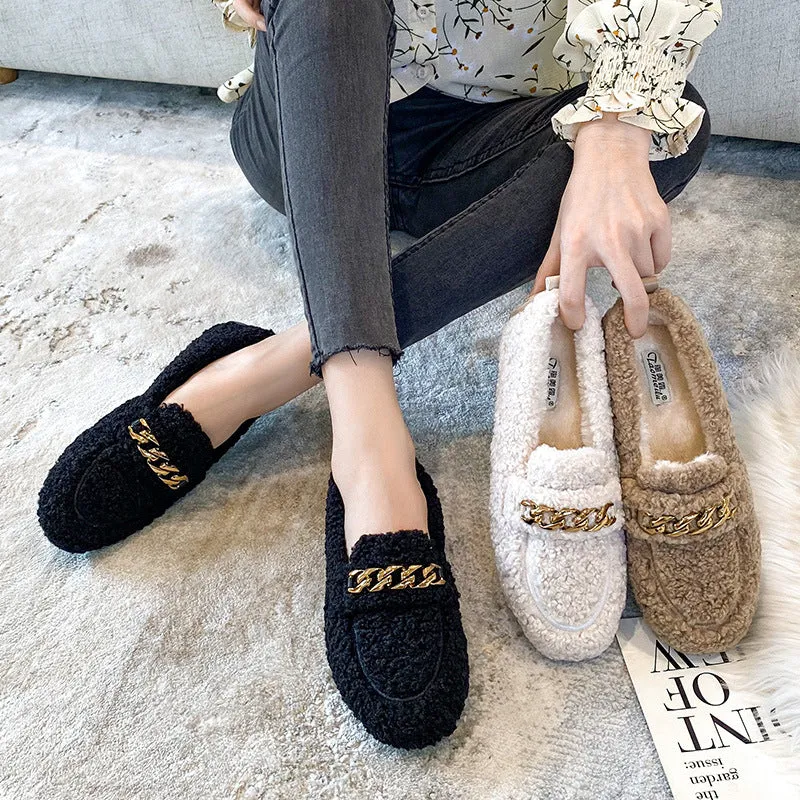 Women Faux-Fur Loafers Metal Chain Winter Warm Lamb Fur Flat Shoes