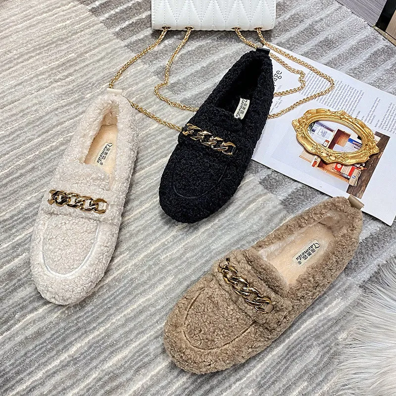 Women Faux-Fur Loafers Metal Chain Winter Warm Lamb Fur Flat Shoes