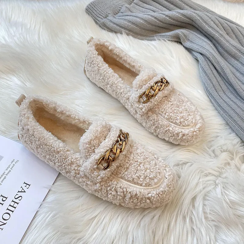 Women Faux-Fur Loafers Metal Chain Winter Warm Lamb Fur Flat Shoes