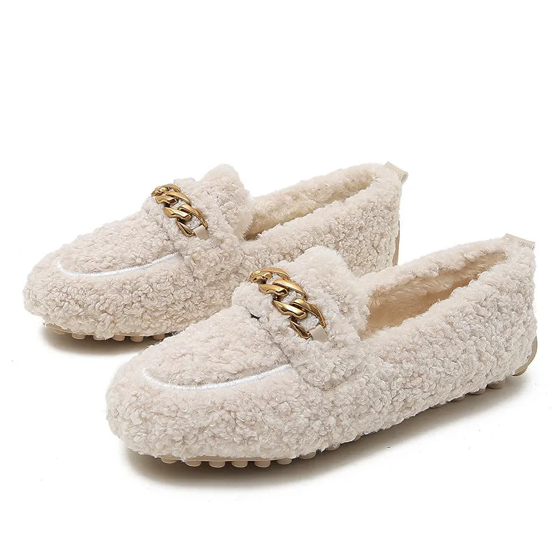 Women Faux-Fur Loafers Metal Chain Winter Warm Lamb Fur Flat Shoes