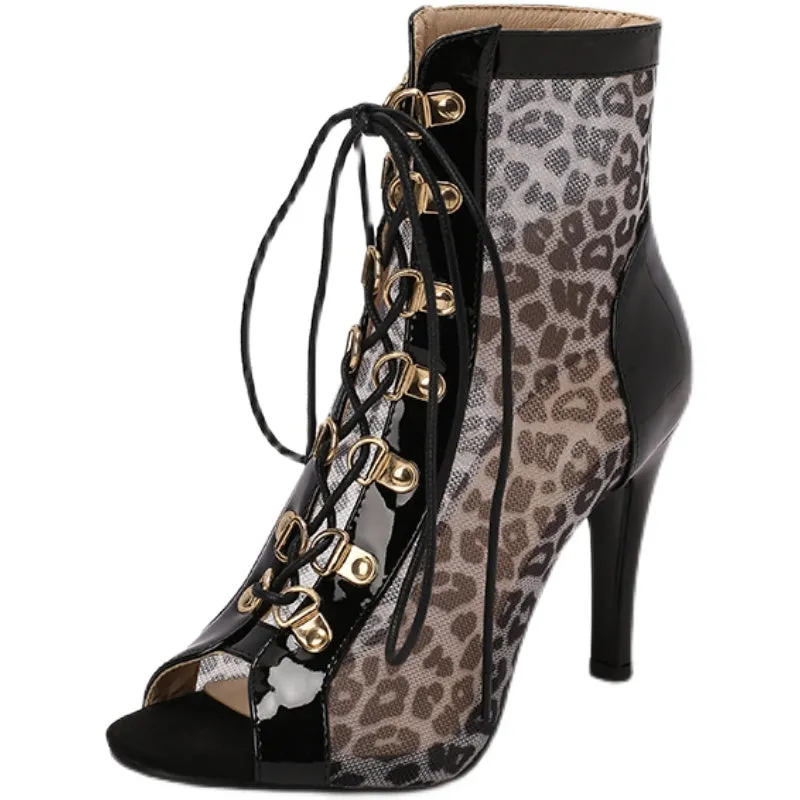 Women's 9cm Leopard Print Rubber Sole Leatherette Jazz Shoes Dance Heels Boot