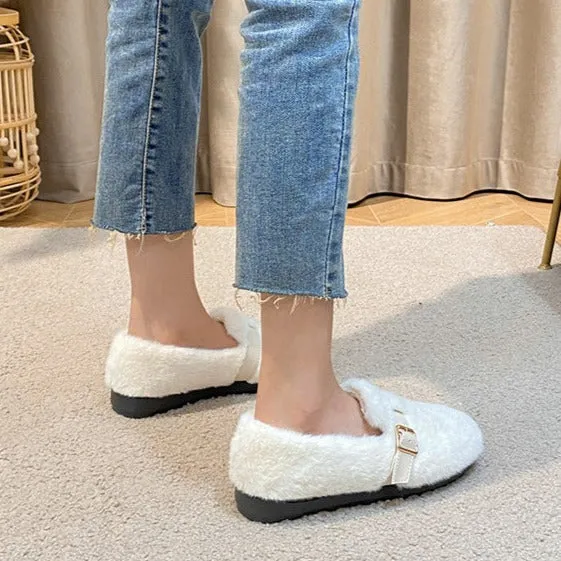 Womens Faux-Fur Loafers Warm Soft Plush Fur Winter Shoes