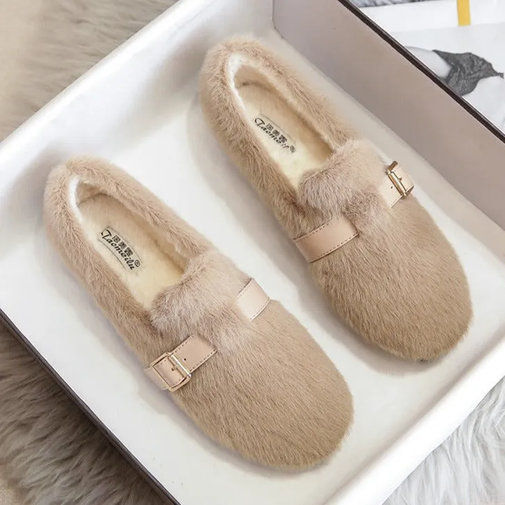 Womens Faux-Fur Loafers Warm Soft Plush Fur Winter Shoes