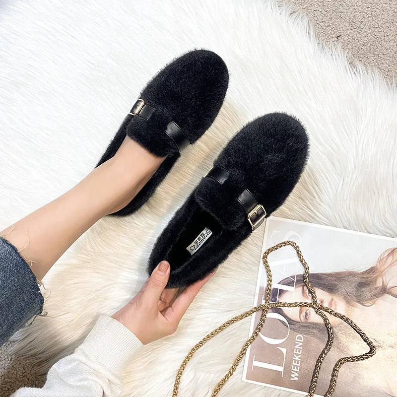 Womens Faux-Fur Loafers Warm Soft Plush Fur Winter Shoes