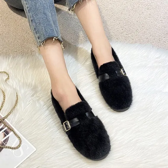 Womens Faux-Fur Loafers Warm Soft Plush Fur Winter Shoes