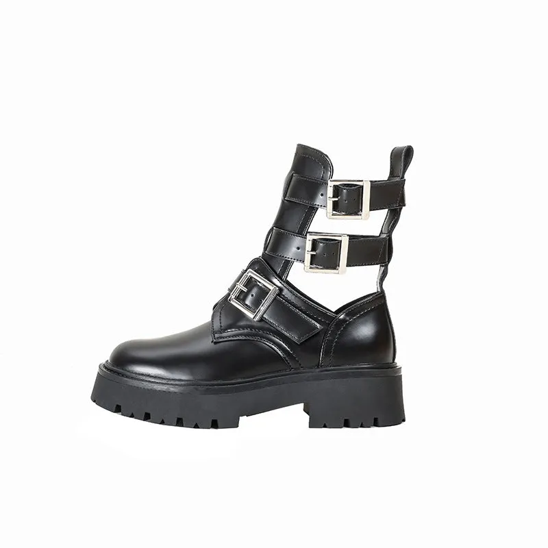 Womens Platform Buckled Cut Out Ankle Boots