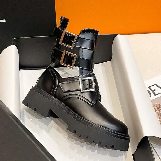 Womens Platform Buckled Cut Out Ankle Boots