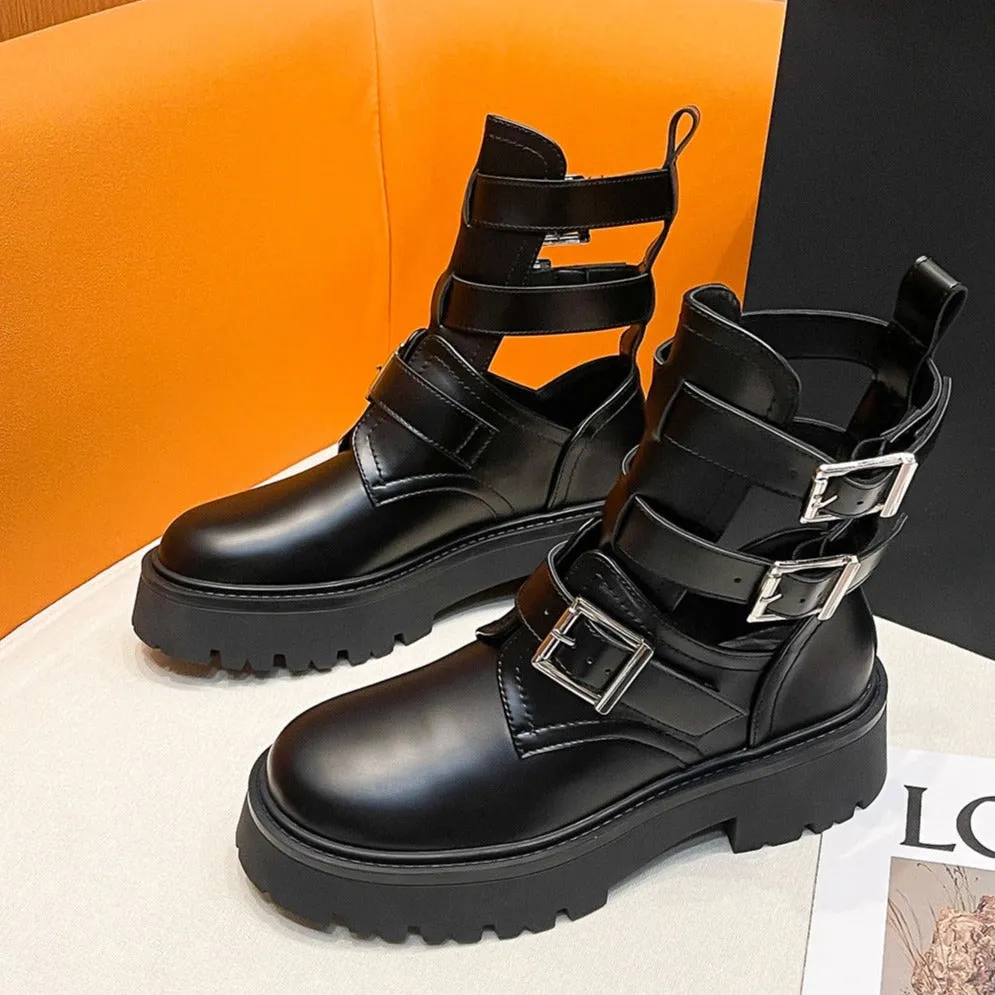 Womens Platform Buckled Cut Out Ankle Boots