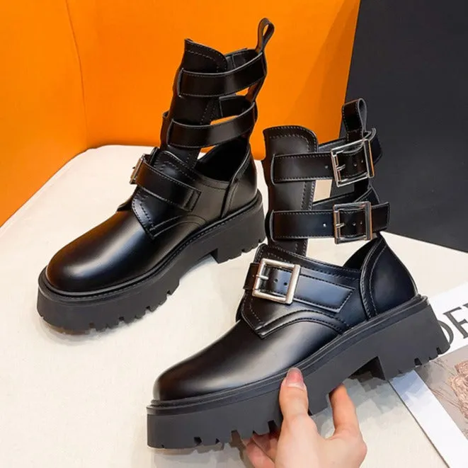 Womens Platform Buckled Cut Out Ankle Boots