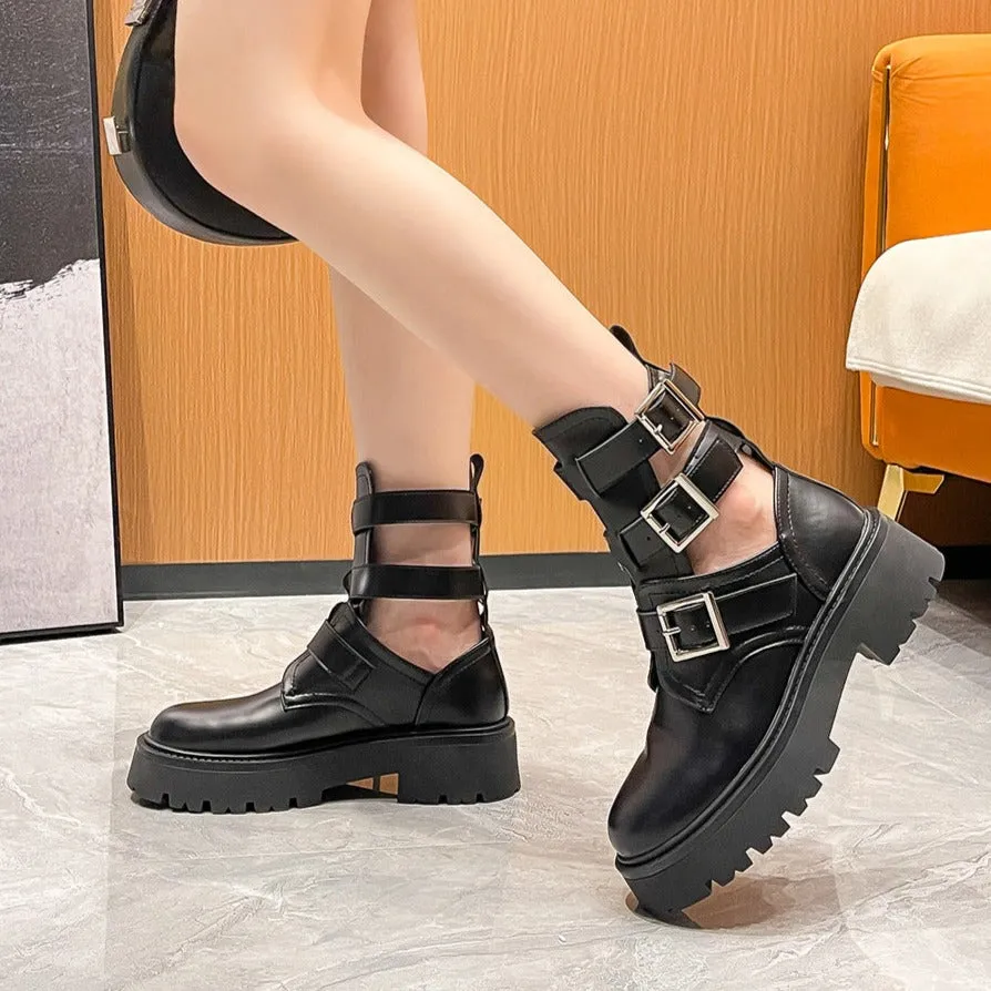 Womens Platform Buckled Cut Out Ankle Boots