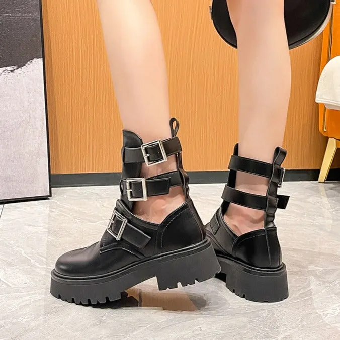 Womens Platform Buckled Cut Out Ankle Boots