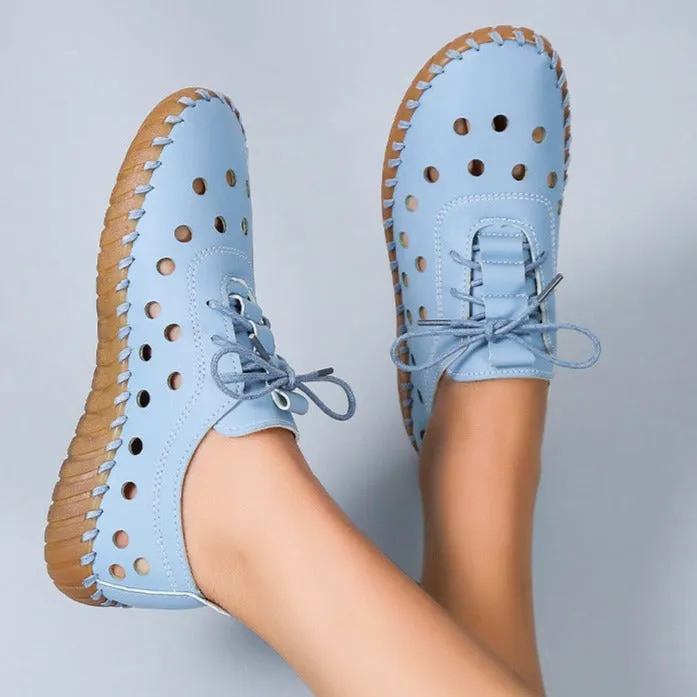 Women's summer hollow cutout lace-up loafers | Flat round toe casual shoes driving loafers shoes