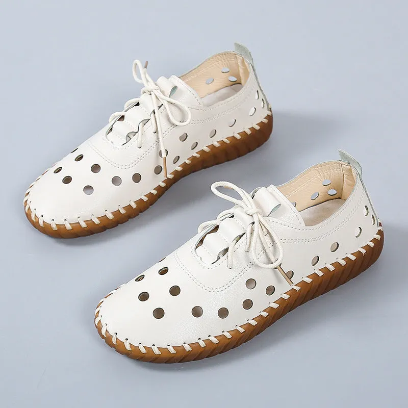 Women's summer hollow cutout lace-up loafers | Flat round toe casual shoes driving loafers shoes