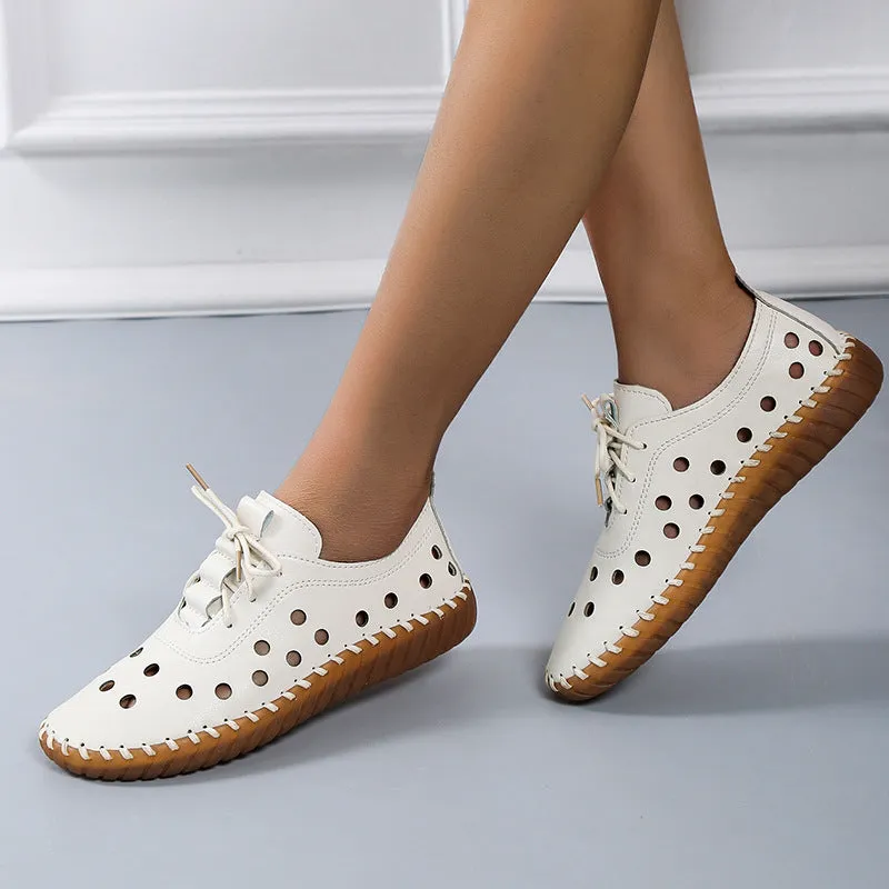 Women's summer hollow cutout lace-up loafers | Flat round toe casual shoes driving loafers shoes