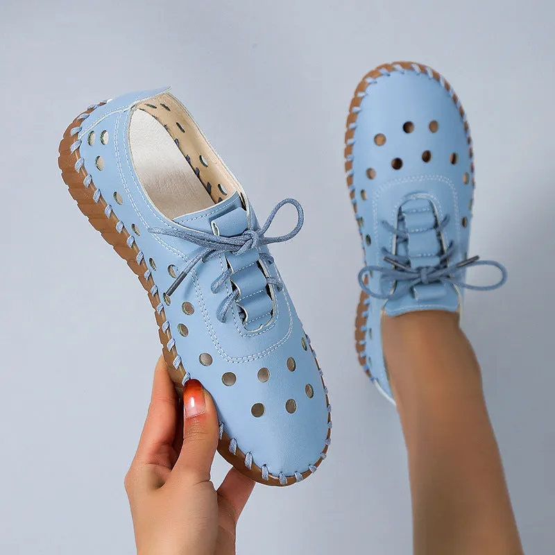 Women's summer hollow cutout lace-up loafers | Flat round toe casual shoes driving loafers shoes