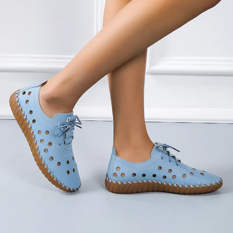 Women's summer hollow cutout lace-up loafers | Flat round toe casual shoes driving loafers shoes