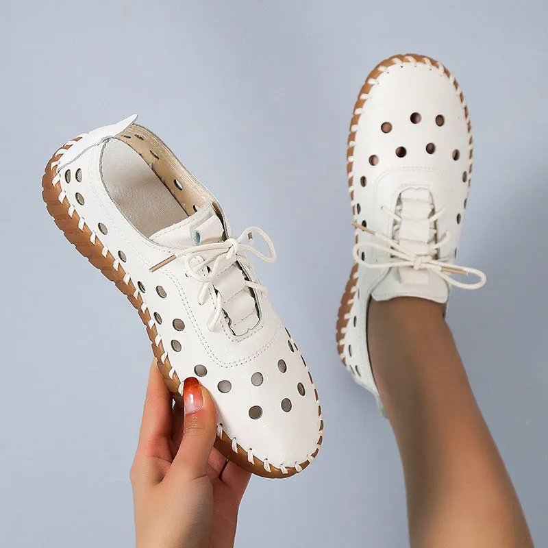 Women's summer hollow cutout lace-up loafers | Flat round toe casual shoes driving loafers shoes