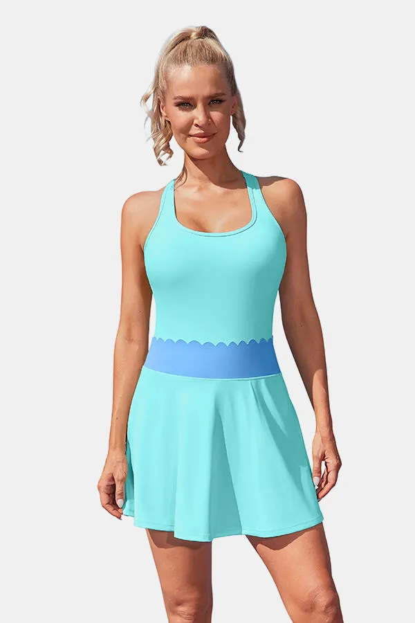 Women's Tennis Dress with Built-in Shorts Scalloped Aqua Golf Dress Racerback Athletic Skirts