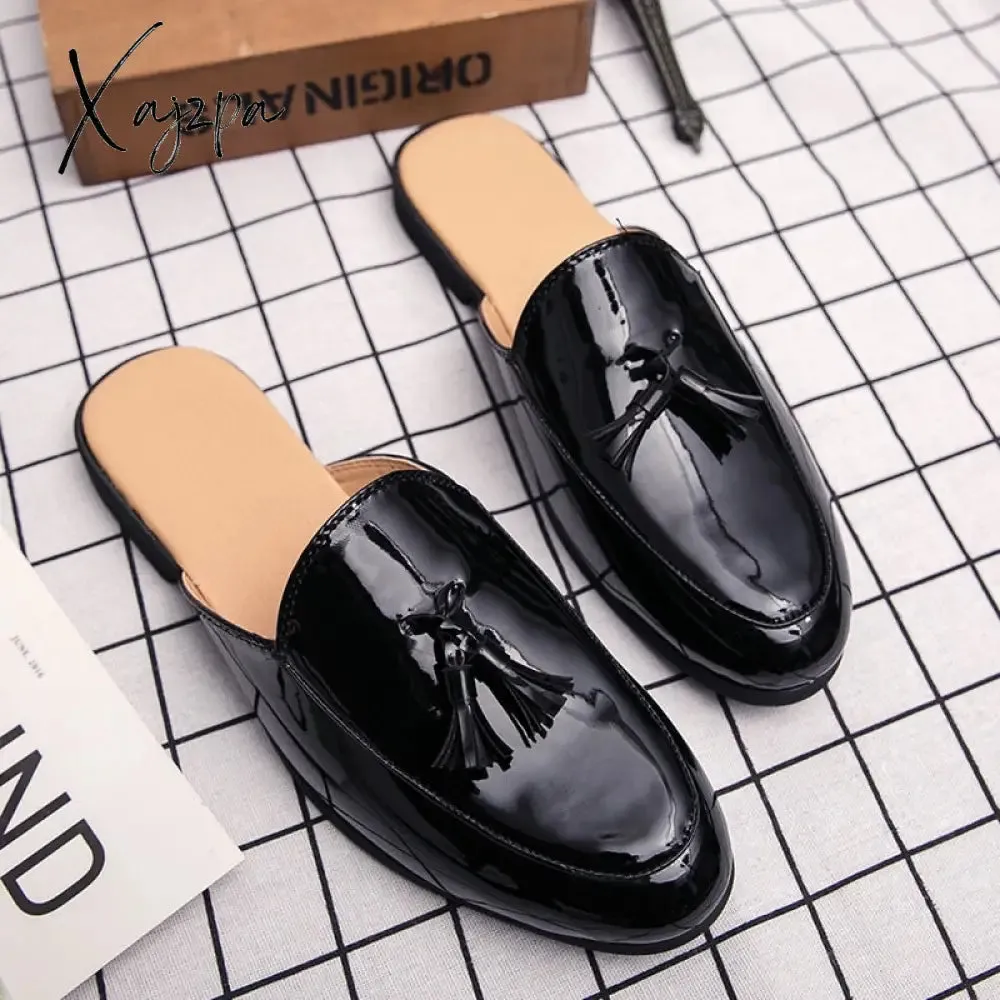 Xajzpa - Summer Half Shoes Men Black Loafers Slippers Patent Leather Casual Driving Leather Shoes Flats Sandals Breathable Tassel Mules